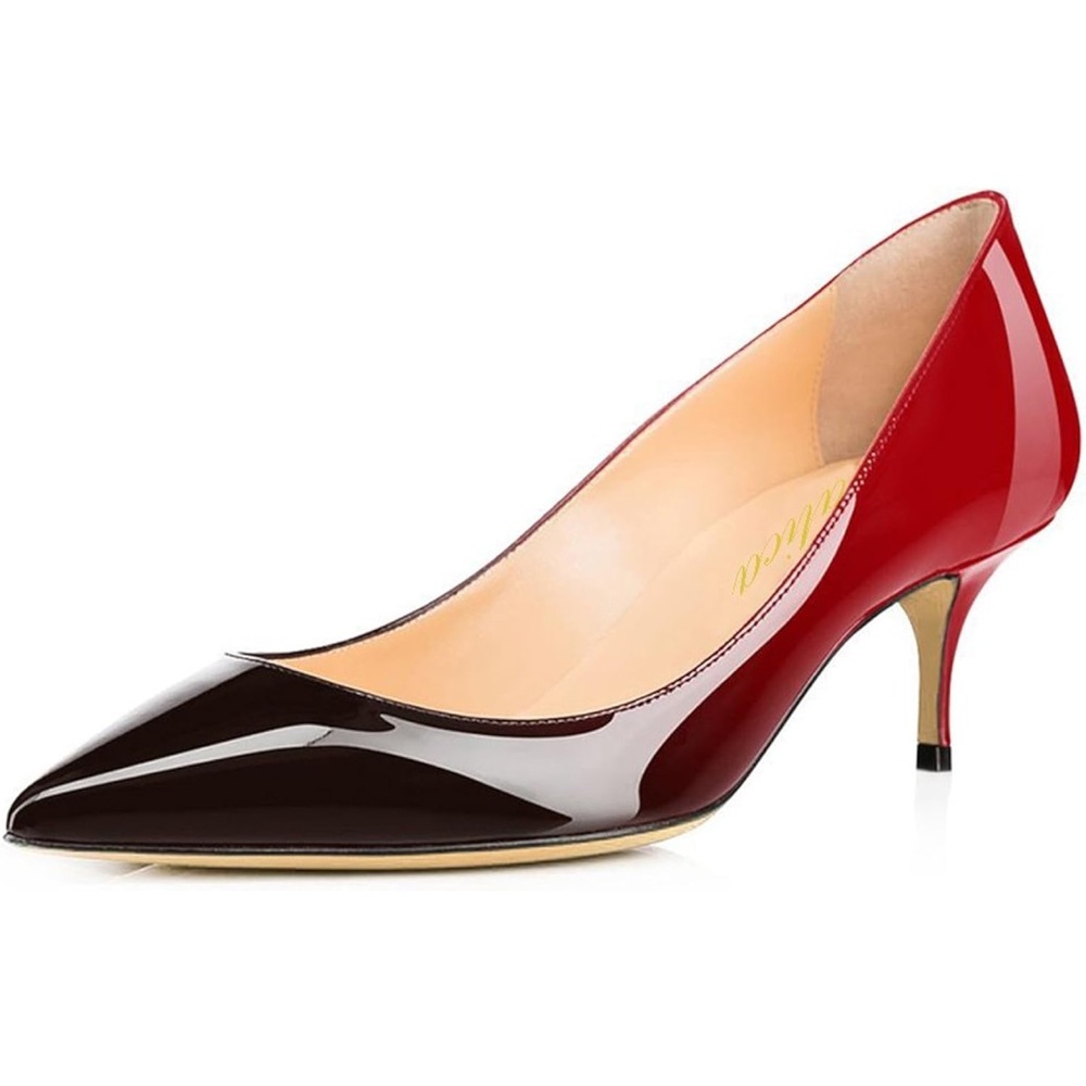 Patent Leather Two-Tone Pointed Toe Kitten Heel Pump - Red/Black